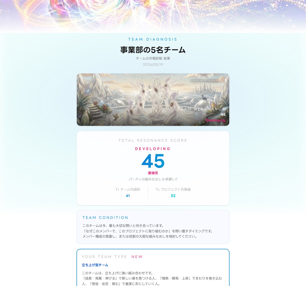 チーム診断の実画面（立ち上げ型・共鳴45 DEVELOPING）