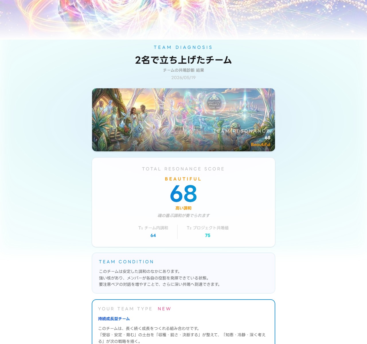 チーム診断の実画面（持続成長型・共鳴68 BEAUTIFUL）